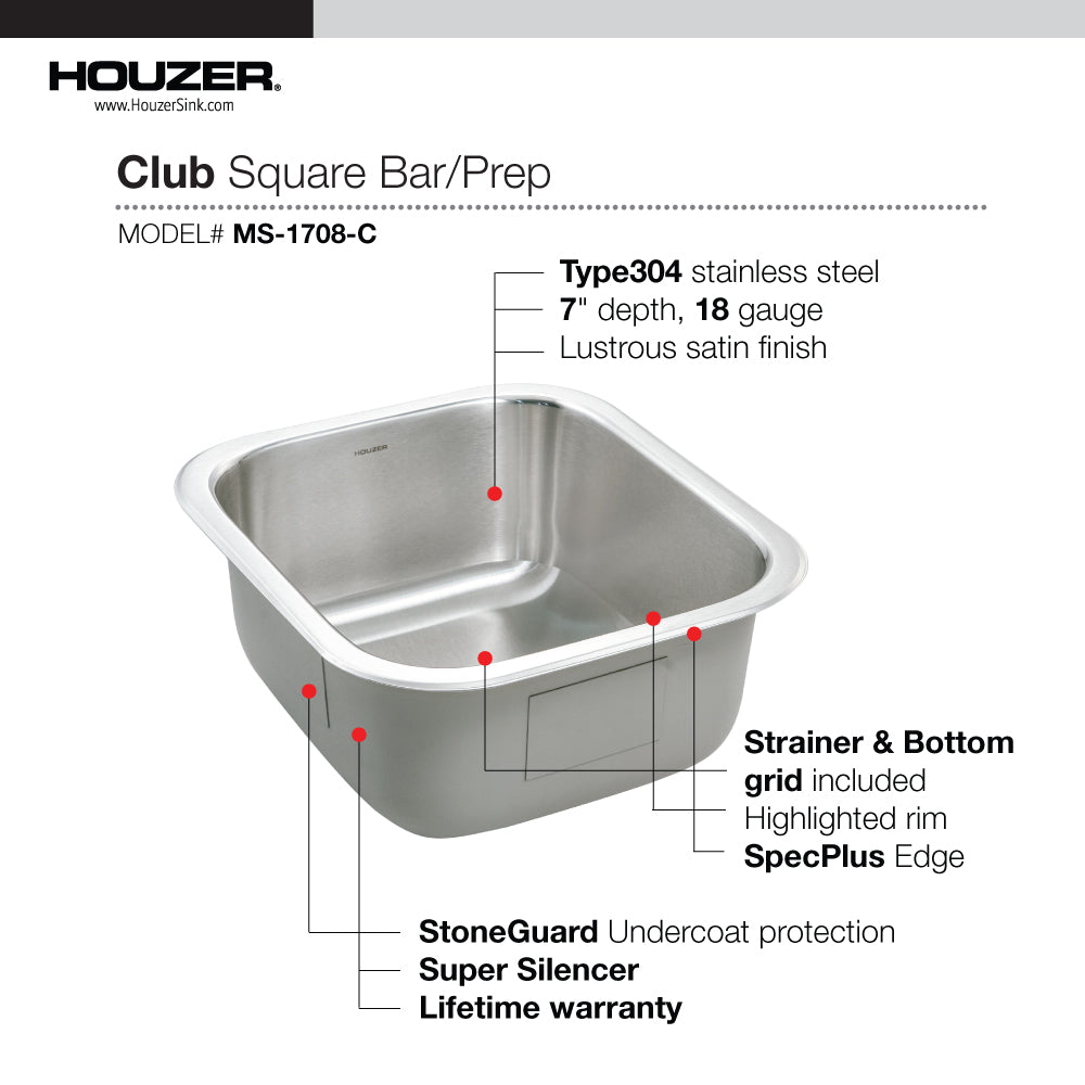 Houzer Club 17 inch Stainless Steel Undermount Single Bowl 8 inch Deep Bar Sink with Strainer & Grid - 18 Gauge, MS-1708-C