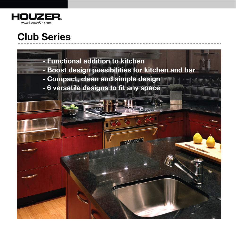 Houzer Club 17 inch Stainless Steel Undermount Single Bowl 8 inch Deep Bar Sink with Strainer & Grid - 18 Gauge, MS-1708-C