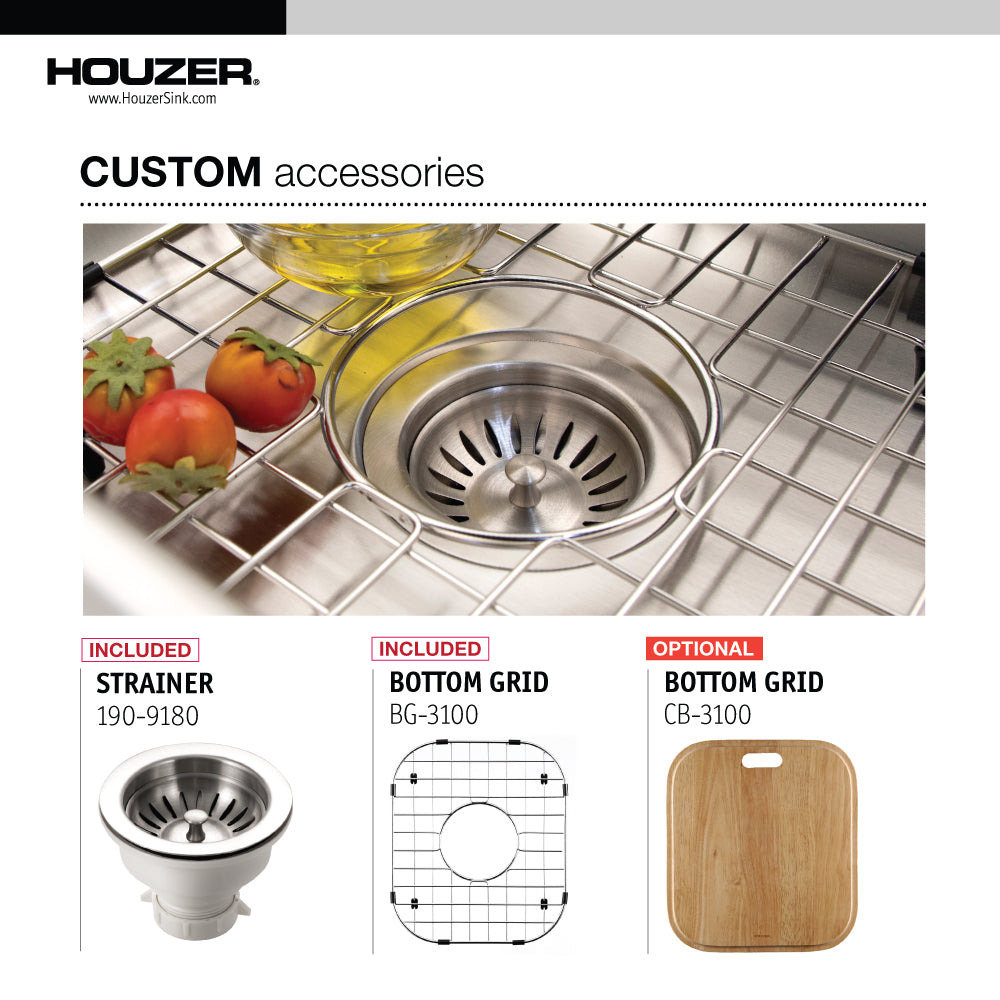 Houzer Club 17 inch Stainless Steel Undermount Single Bowl 8 inch Deep Bar Sink with Strainer & Grid - 18 Gauge, MS-1708-C