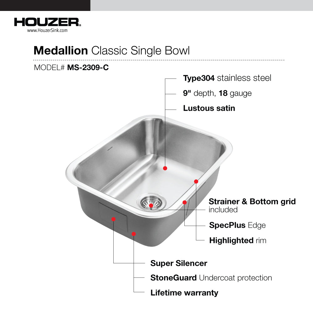 Houzer Medallion Classic 23 inch Stainless Steel Undermount Single Bowl Kitchen Sink with Strainer& Grid - 18 Gauge, MS-2309-C