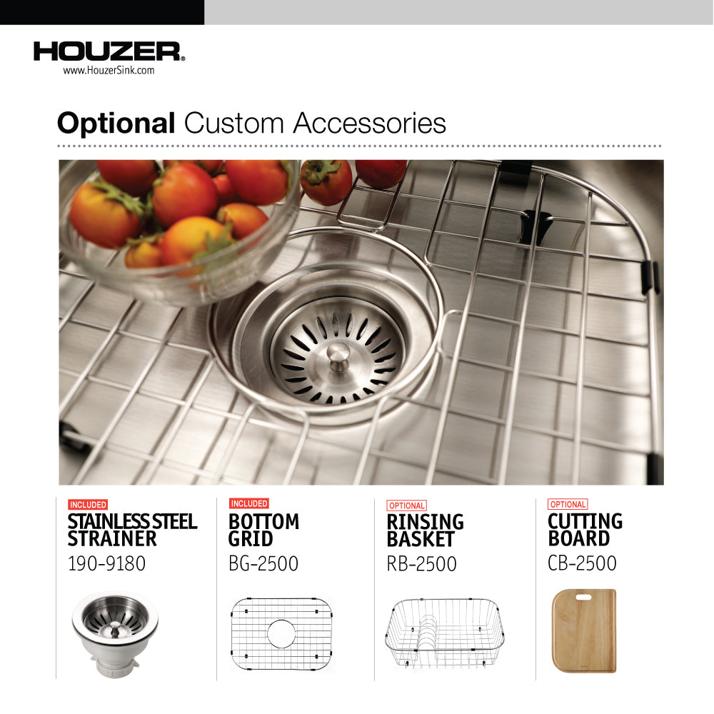 Houzer Medallion Classic 23 inch Stainless Steel Undermount Single Bowl Kitchen Sink with Strainer& Grid - 18 Gauge, MS-2309-C