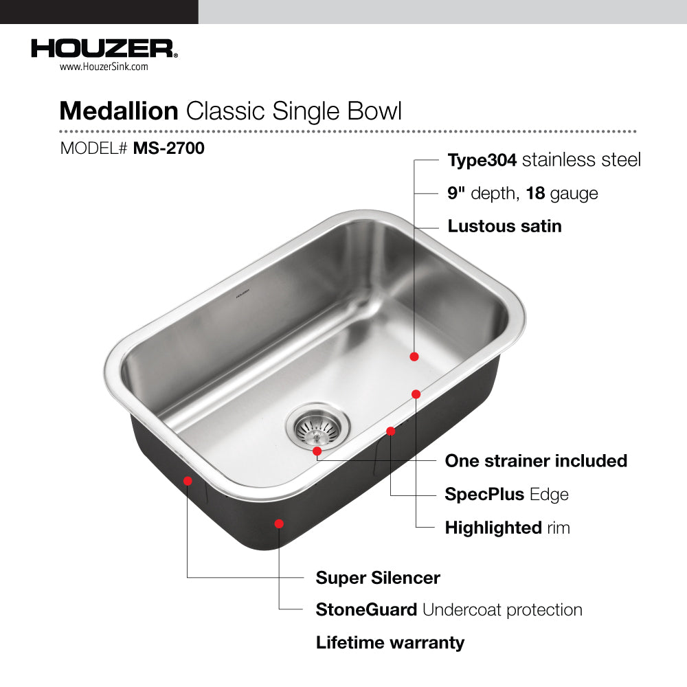 Houzer Medallion Designer 27 inch Stainless Steel Undermount Single D Bowl Kitchen Sink with Strainer- 18 Gauge, MS-2700-1