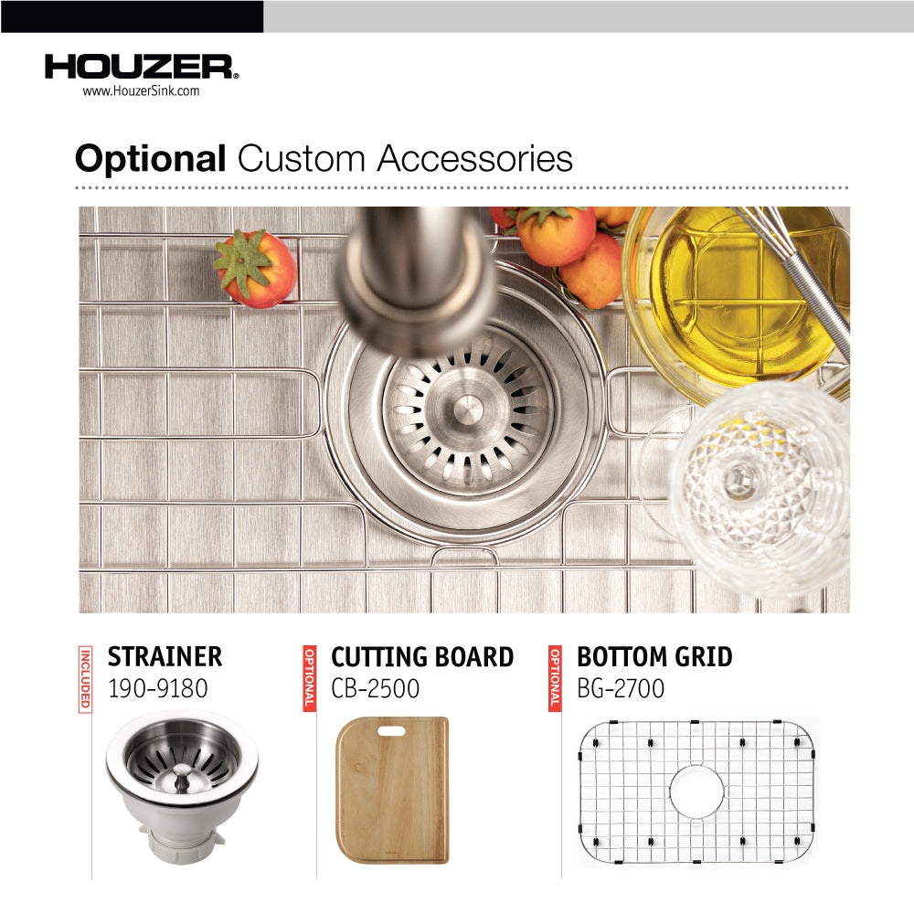 Houzer Medallion Designer 27 inch Stainless Steel Undermount Single D Bowl Kitchen Sink with Strainer- 18 Gauge, MS-2700-1