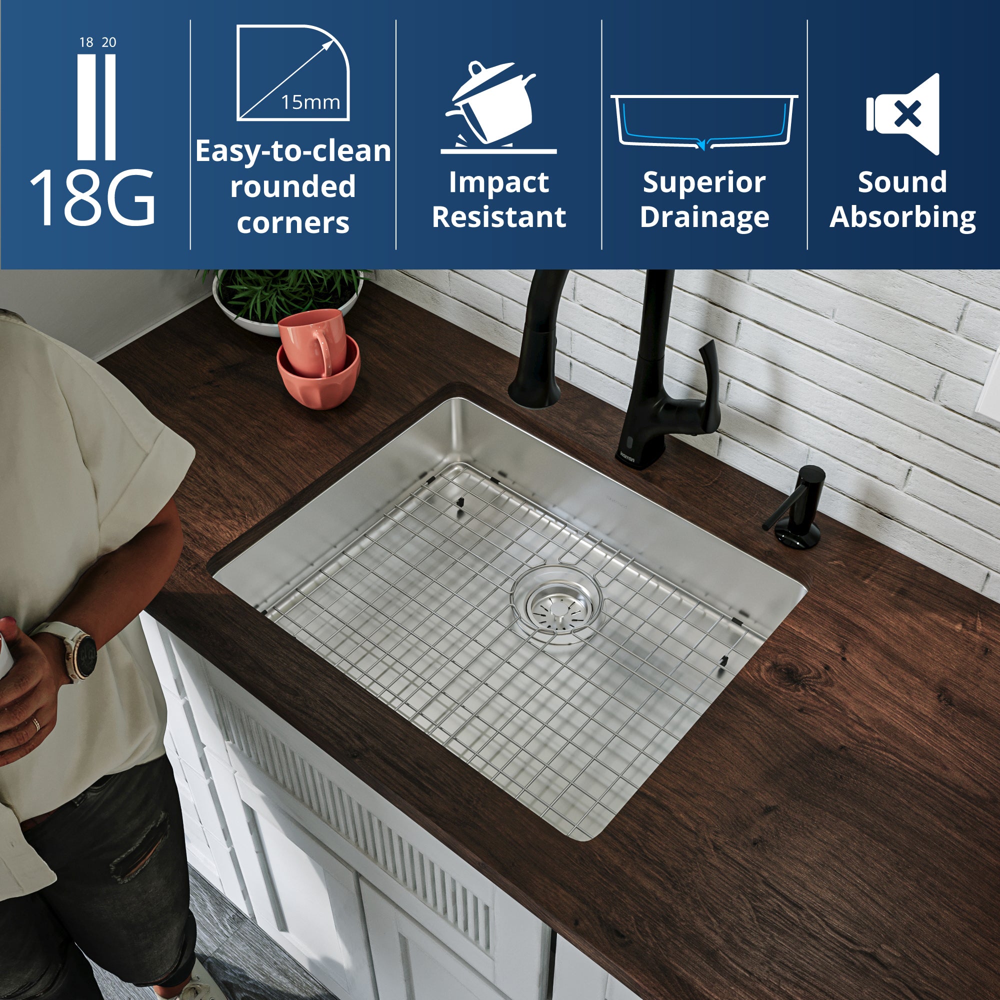 Karran 23" Undermount Stainless Steel Kitchen Sink with Accessories, 18 Gauge, NC-425-PK1