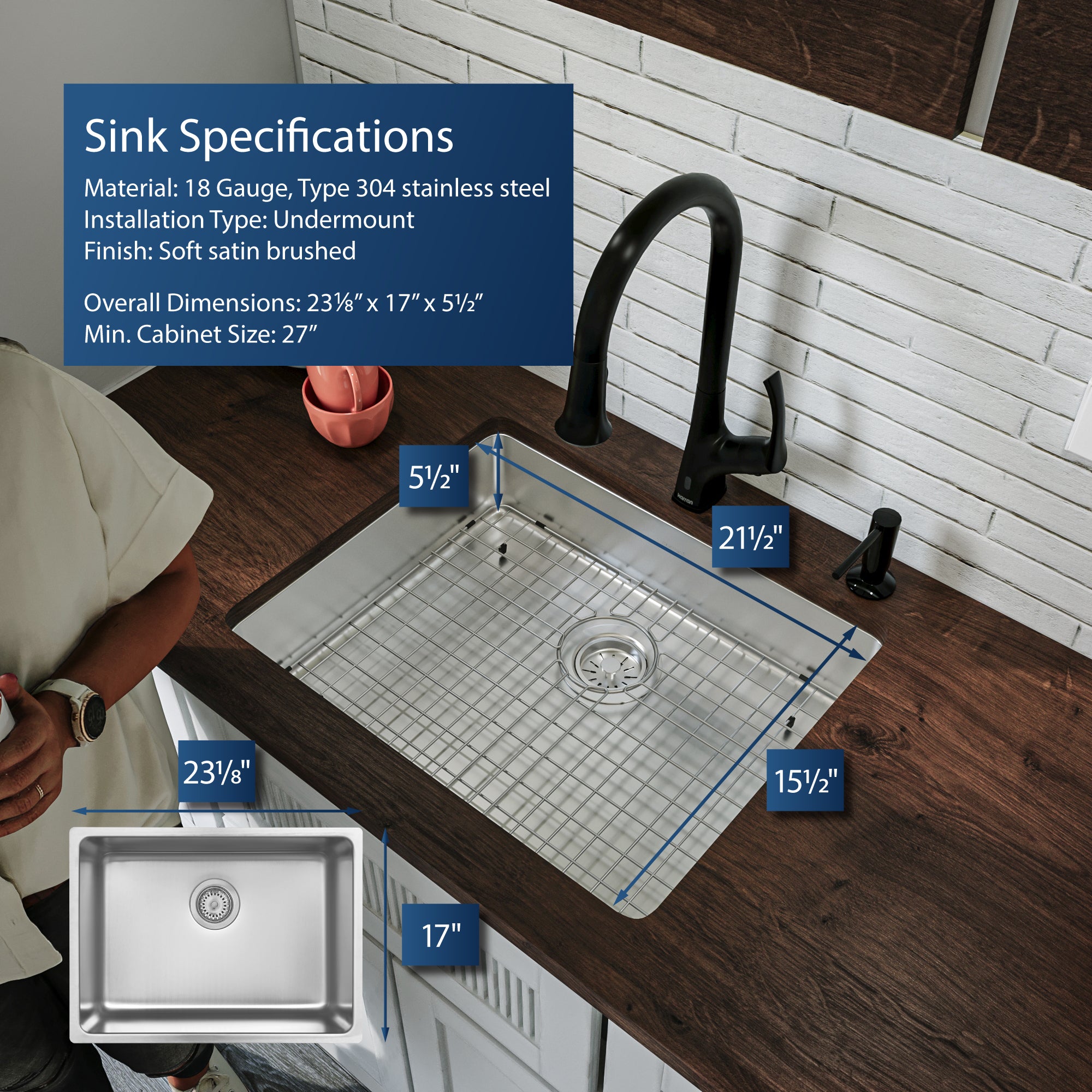 Karran 23" Undermount Stainless Steel Kitchen Sink with Accessories, 18 Gauge, NC-425-PK1