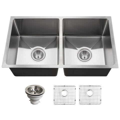 Houzer Nouvelle 31 inch Stainless Steel Undermount 50/50 Double Bowl Kitchen Sink with Strainer & Grid - 18 Gauge, NOD-4200-1