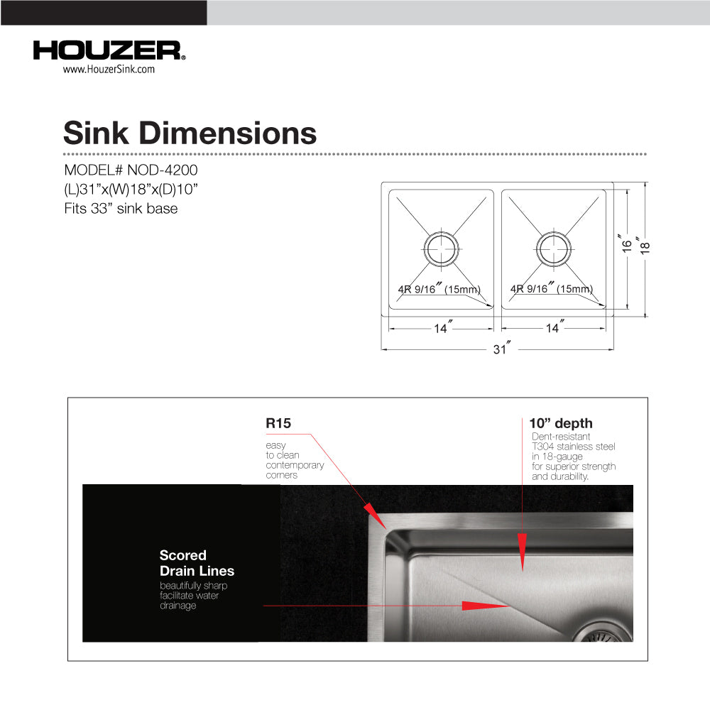 Houzer Nouvelle 31 inch Stainless Steel Undermount 50/50 Double Bowl Kitchen Sink with Strainer & Grid - 18 Gauge, NOD-4200-1