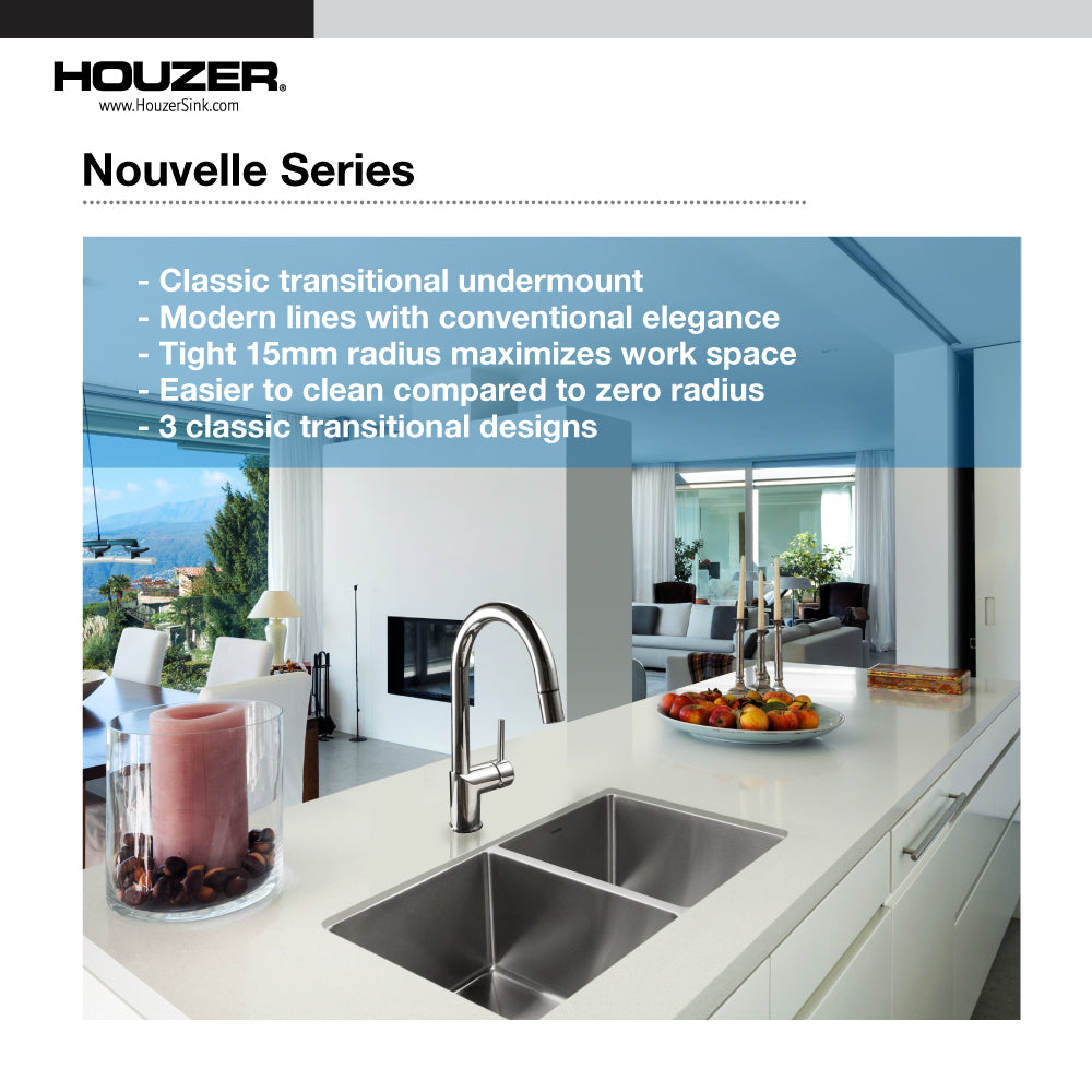 Houzer Nouvelle 31 inch Stainless Steel Undermount 50/50 Double Bowl Kitchen Sink with Strainer & Grid - 18 Gauge, NOD-4200-1