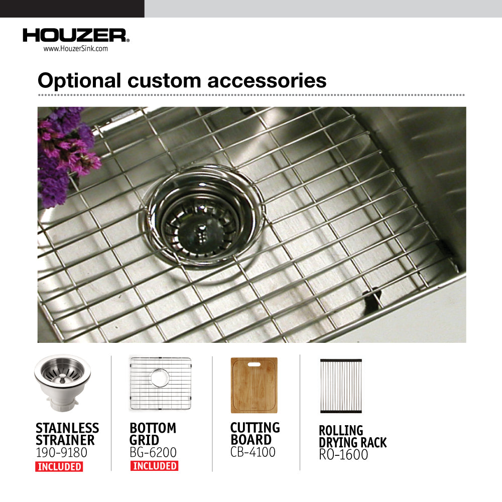 Houzer Nouvelle 31 inch Stainless Steel Undermount 50/50 Double Bowl Kitchen Sink with Strainer & Grid - 18 Gauge, NOD-4200-1