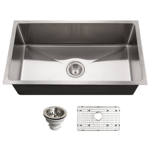 Houzer Nouvelle 31 inch Stainless Steel Undermount Single Bowl Kitchen Sink with Strainer & Grid - 18 Gauge, NOG-4150-1