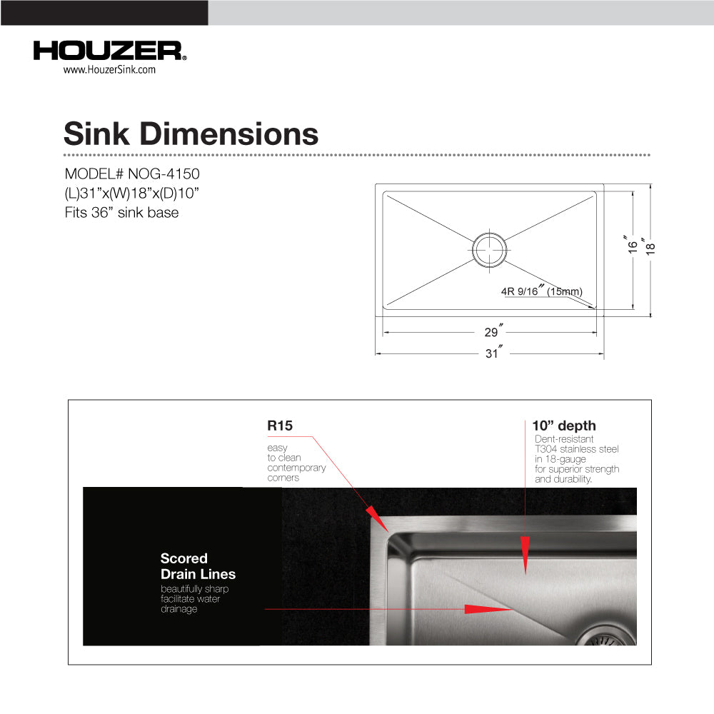 Houzer Nouvelle 31 inch Stainless Steel Undermount Single Bowl Kitchen Sink with Strainer & Grid - 18 Gauge, NOG-4150-1