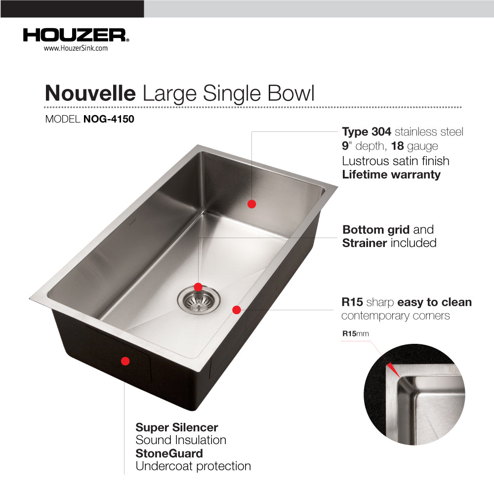Houzer Nouvelle 31 inch Stainless Steel Undermount Single Bowl Kitchen Sink with Strainer & Grid - 18 Gauge, NOG-4150-1