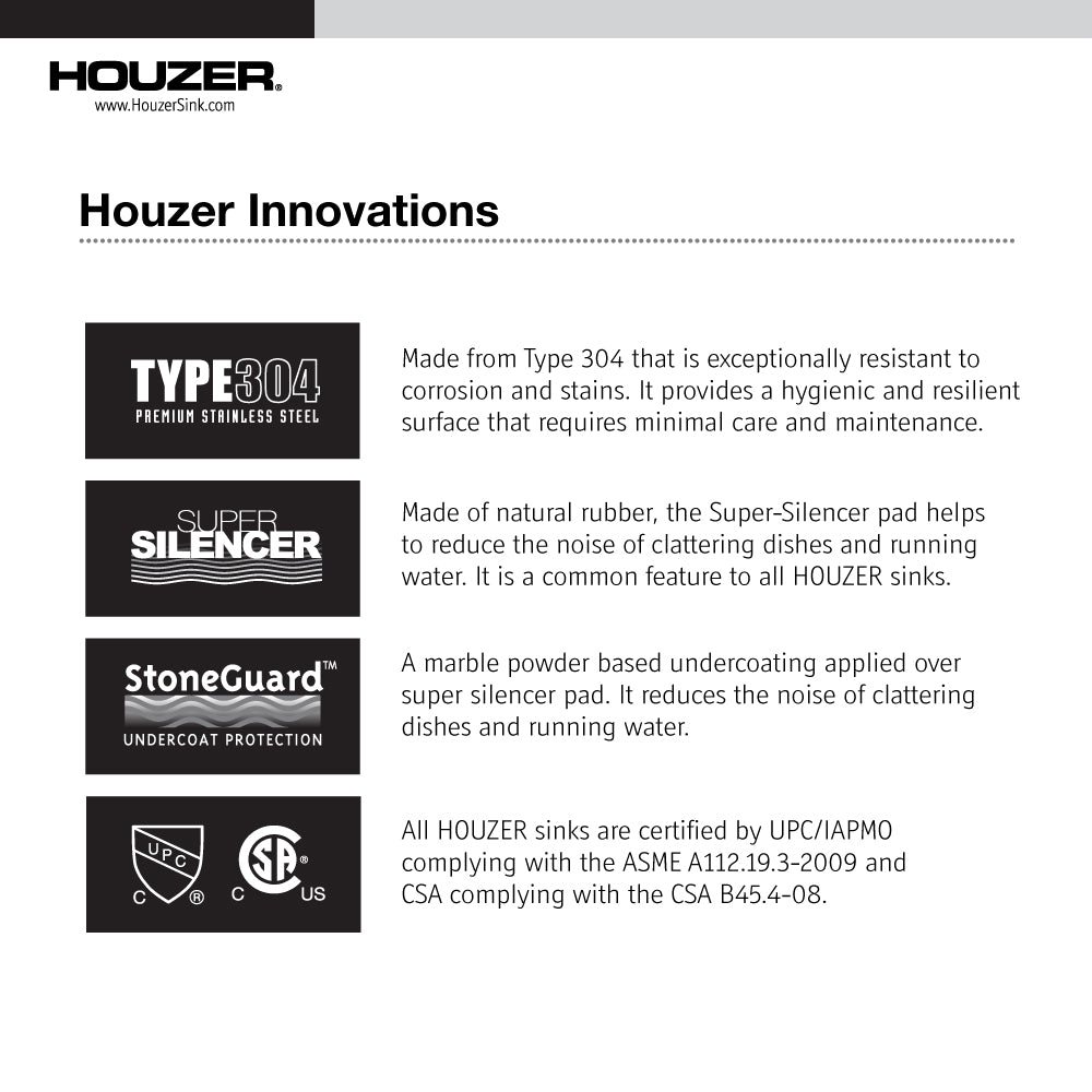 Houzer Nouvelle 31 inch Stainless Steel Undermount Single Bowl Kitchen Sink with Strainer & Grid - 18 Gauge, NOG-4150-1