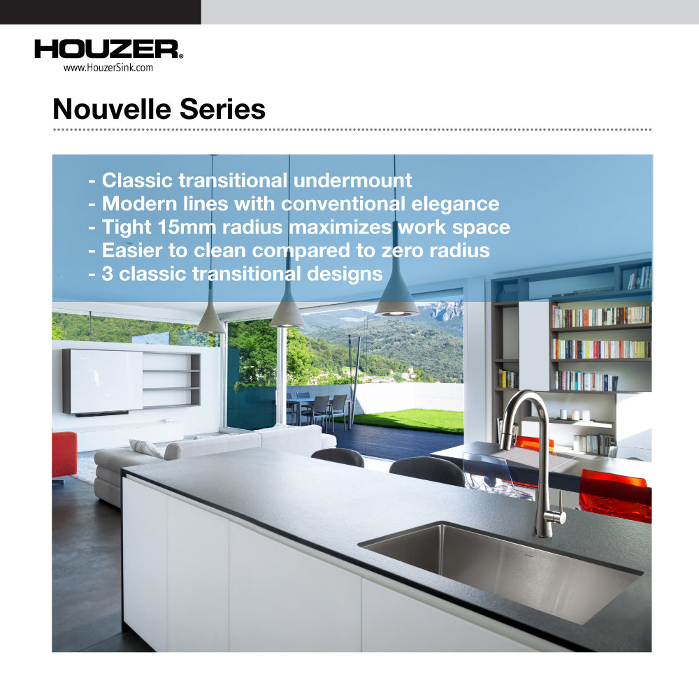 Houzer Nouvelle 31 inch Stainless Steel Undermount Single Bowl Kitchen Sink with Strainer & Grid - 18 Gauge, NOG-4150-1