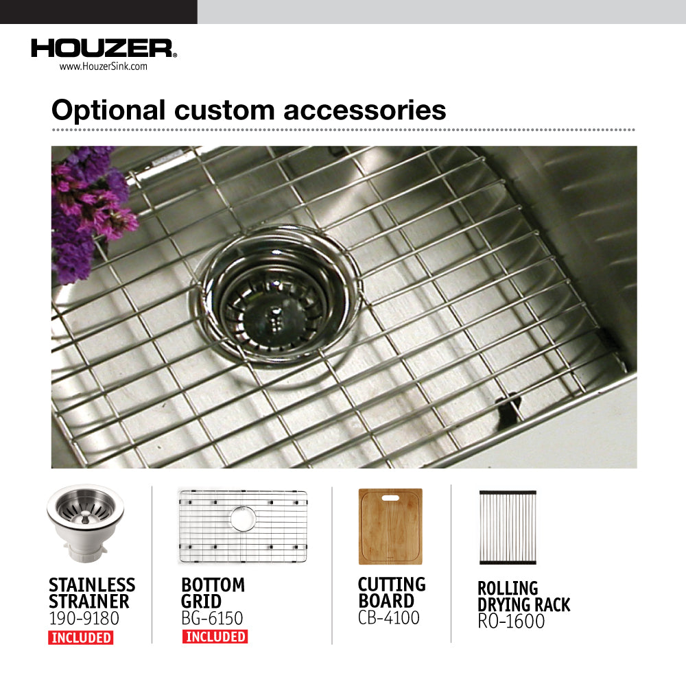 Houzer Nouvelle 31 inch Stainless Steel Undermount Single Bowl Kitchen Sink with Strainer & Grid - 18 Gauge, NOG-4150-1