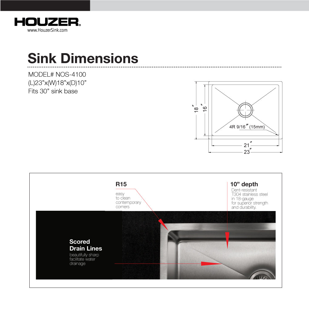 Houzer Nouvelle 23 inch Stainless Steel Undermount Single Bowl Kitchen Sink with Strainer & Grid - 18 Gauge, NOS-4100-1