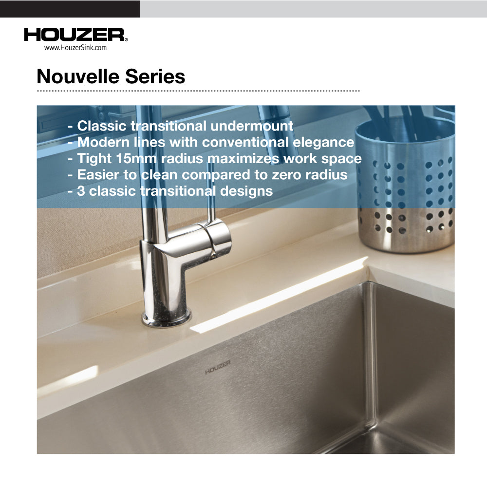 Houzer Nouvelle 23 inch Stainless Steel Undermount Single Bowl Kitchen Sink with Strainer & Grid - 18 Gauge, NOS-4100-1