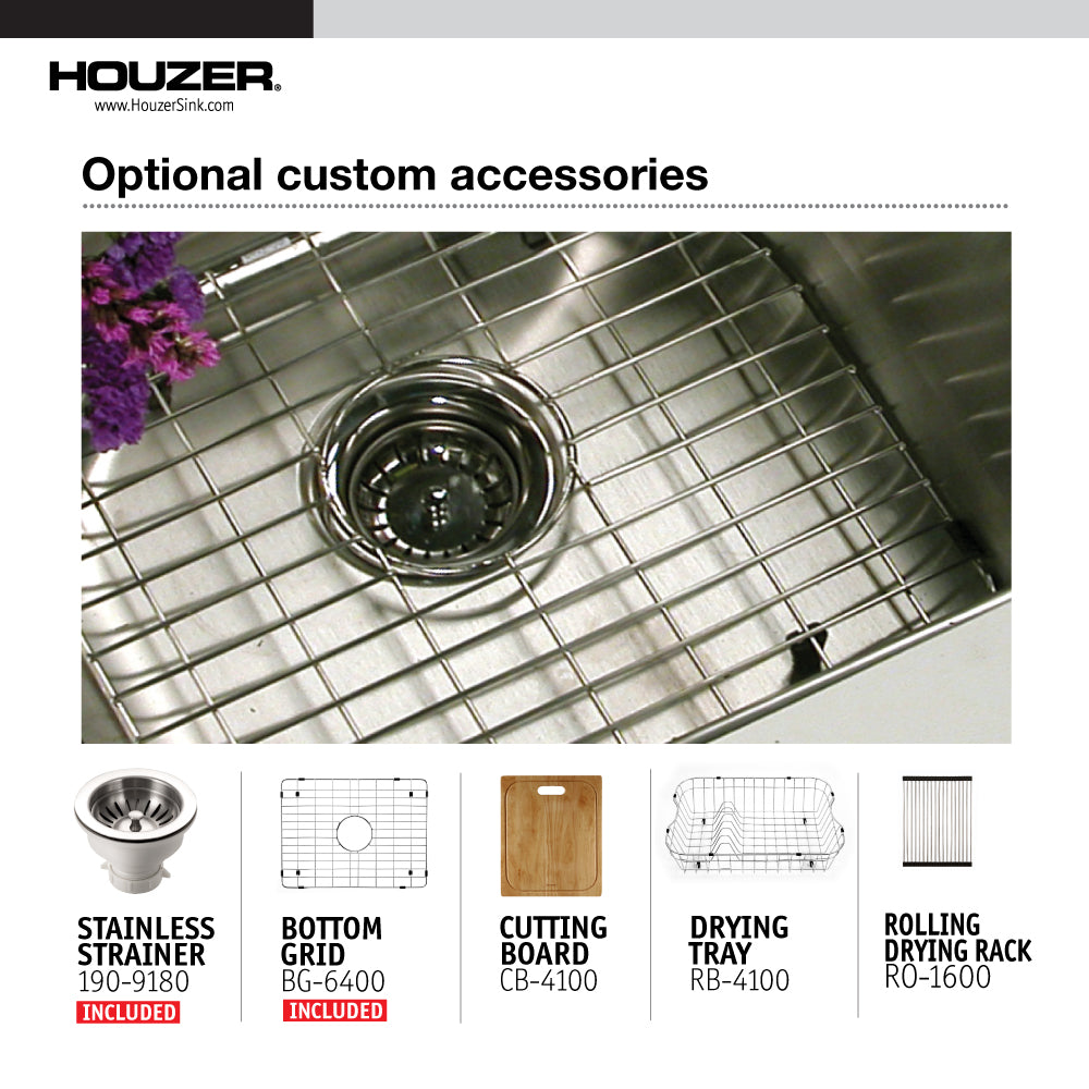 Houzer Nouvelle 23 inch Stainless Steel Undermount Single Bowl Kitchen Sink with Strainer & Grid - 18 Gauge, NOS-4100-1