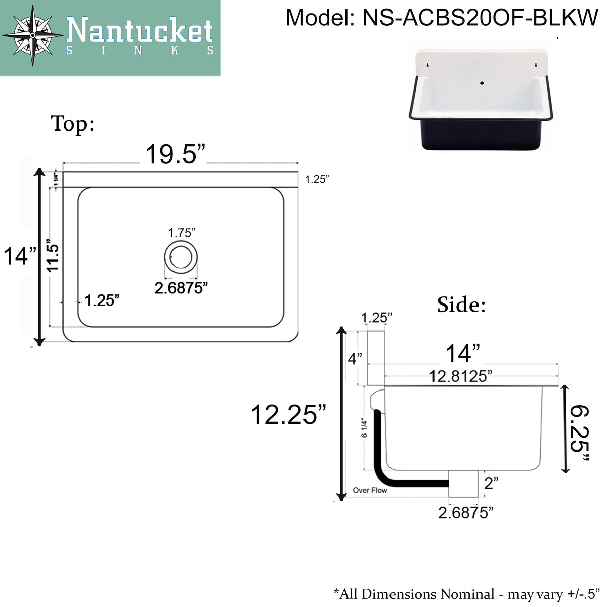 Nantucket Sinks Anchor 19.5" x 14" Irregular Wallmount Iron Bathroom Sink with Accessories, Black/White, NS-ACBS20OF-BLKW