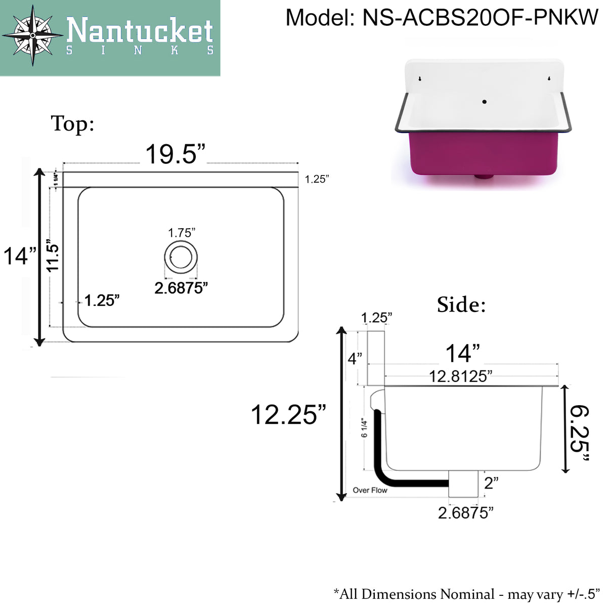 Nantucket Sinks Anchor 19.5" x 14" Irregular Wallmount Iron Bathroom Sink with Accessories, White/White, NS-ACBS20OF-PNKW