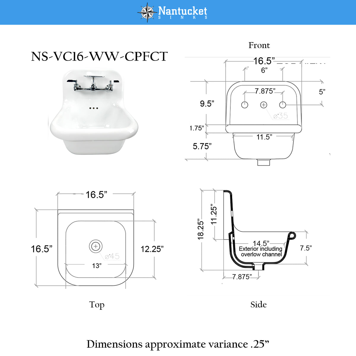 Nantucket Sinks Victorian 16.5" x 16.5" Irregular Wallmount Fireclay Bathroom Sink with Faucet and Accessories, NS-VC16-WW-CPFCT