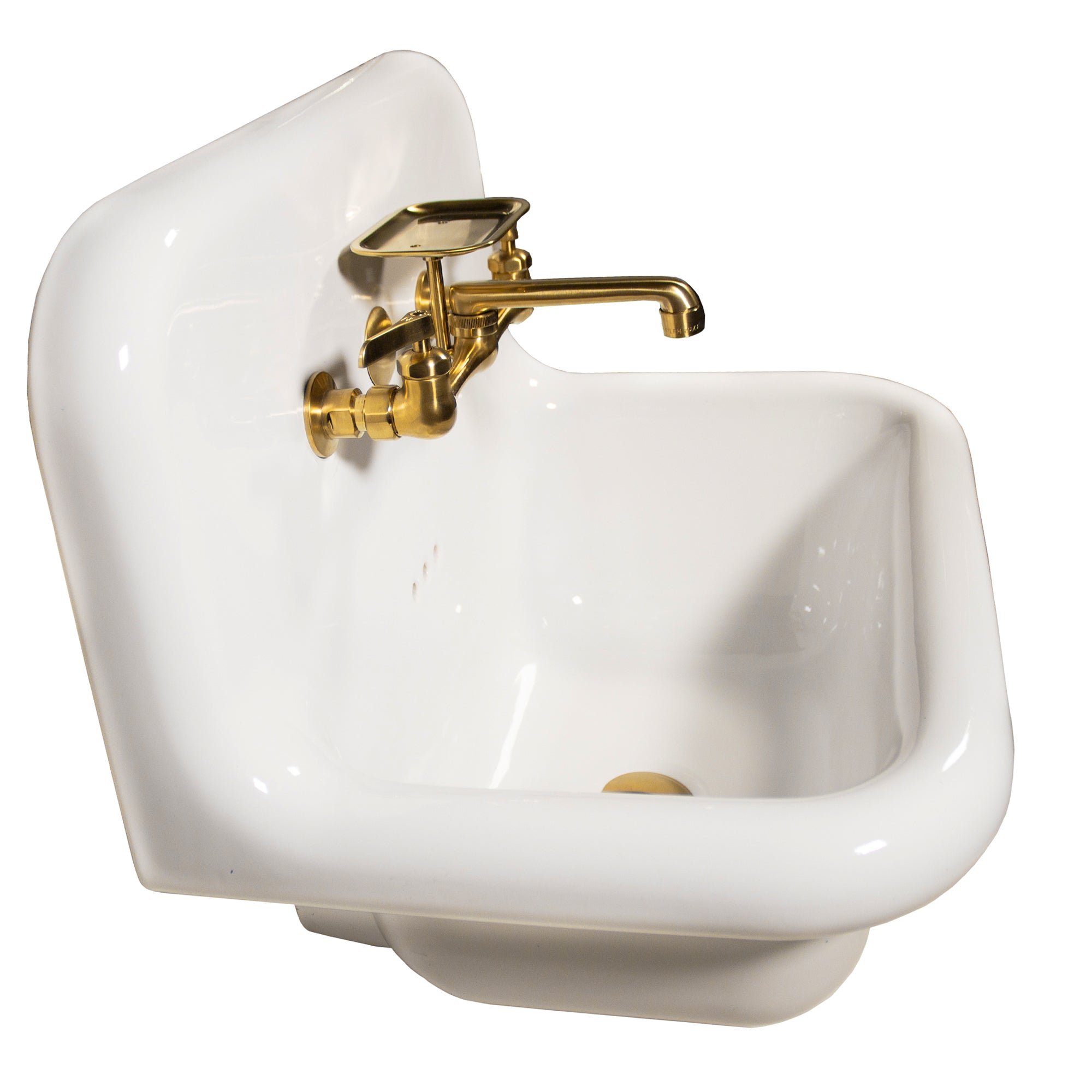 Nantucket Sinks Victorian 16.5" x 16.5" Irregular Wallmount Fireclay Bathroom Sink with Faucet and Accessories, White/Satin Brushed Brass, NS-VC16-WW-SBFCT