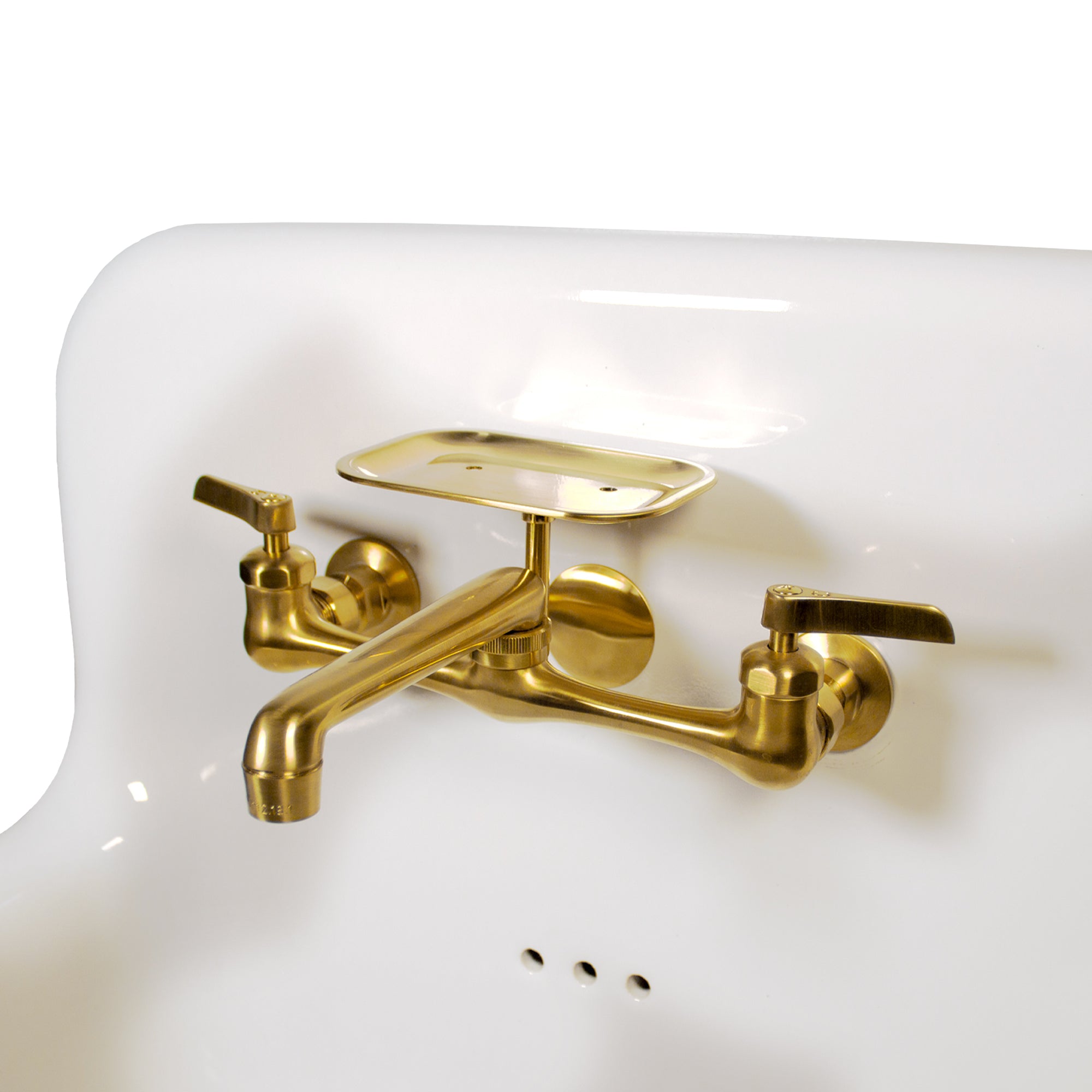 Nantucket Sinks Victorian 16.5" x 16.5" Irregular Wallmount Fireclay Bathroom Sink with Faucet and Accessories, White/Satin Brushed Brass, NS-VC16-WW-SBFCT