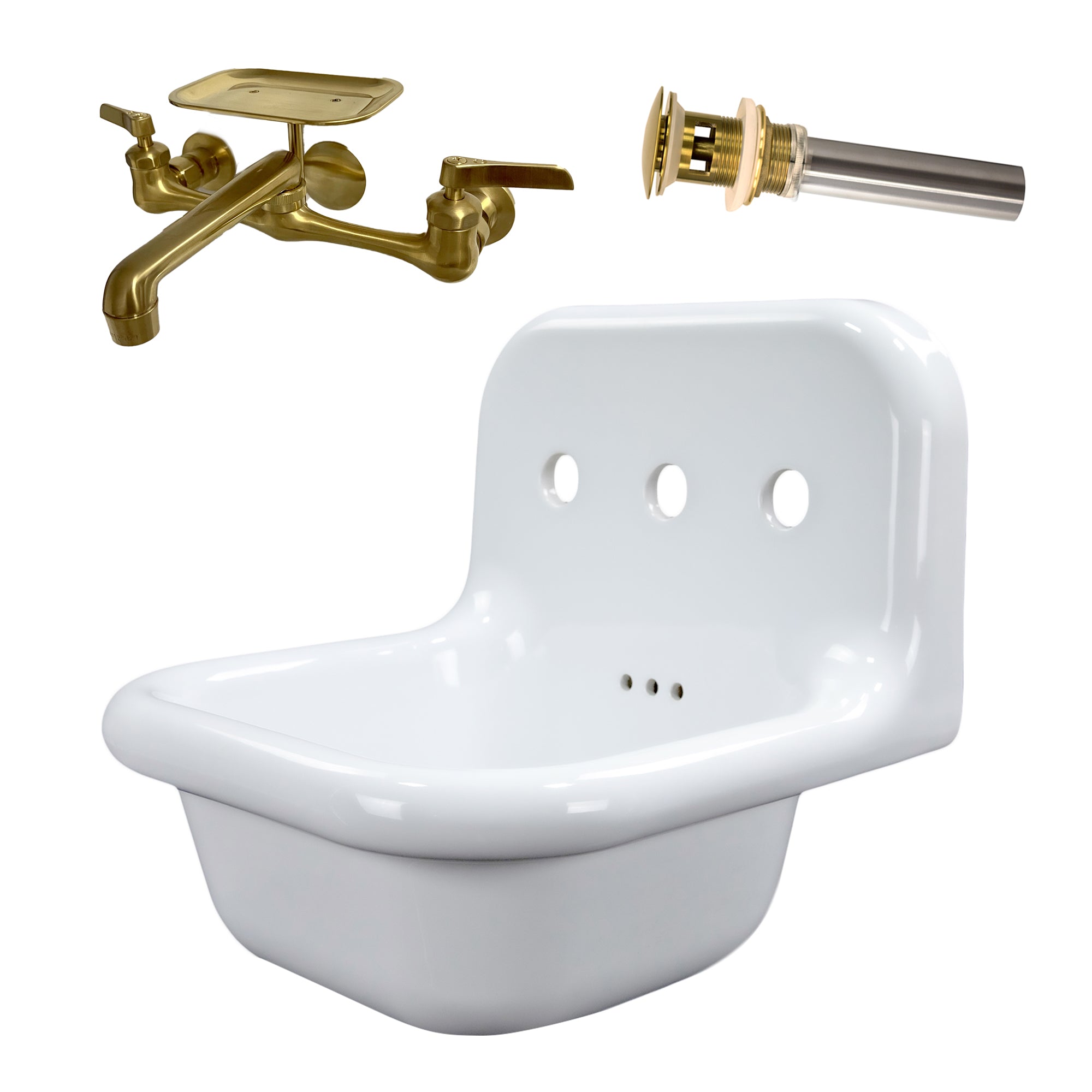 Nantucket Sinks Victorian 16.5" x 16.5" Irregular Wallmount Fireclay Bathroom Sink with Faucet and Accessories, White/Satin Brushed Brass, NS-VC16-WW-SBFCT