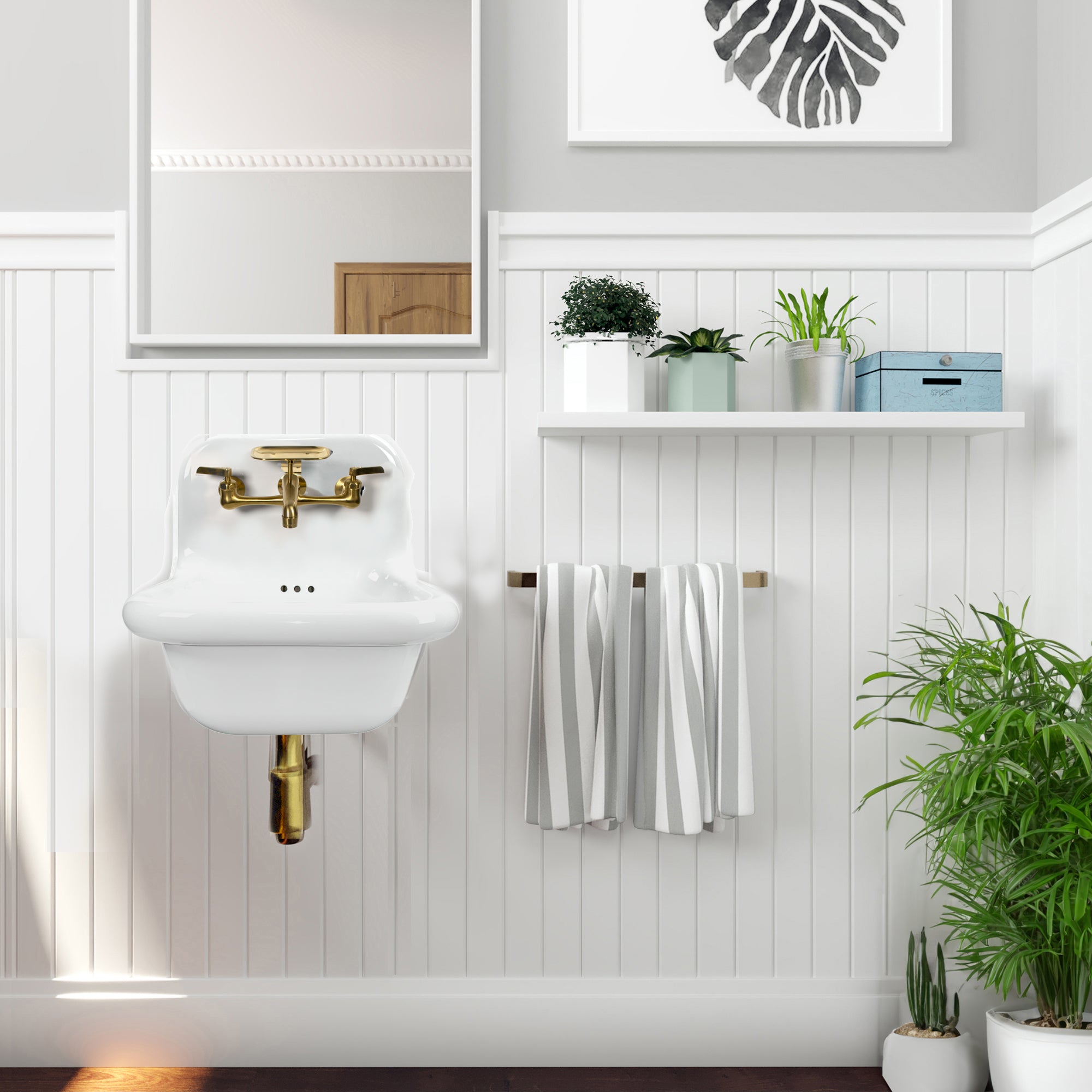 Nantucket Sinks Victorian 16.5" x 16.5" Irregular Wallmount Fireclay Bathroom Sink with Faucet and Accessories, White/Satin Brushed Brass, NS-VC16-WW-SBFCT