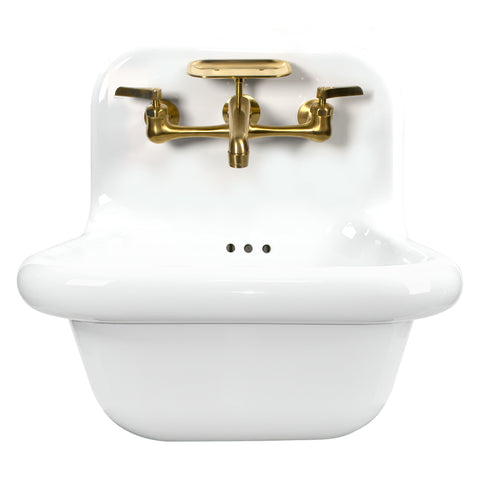 Nantucket Sinks Victorian 16.5" x 16.5" Irregular Wallmount Fireclay Bathroom Sink with Faucet and Accessories, White/Satin Brushed Brass, NS-VC16-WW-SBFCT