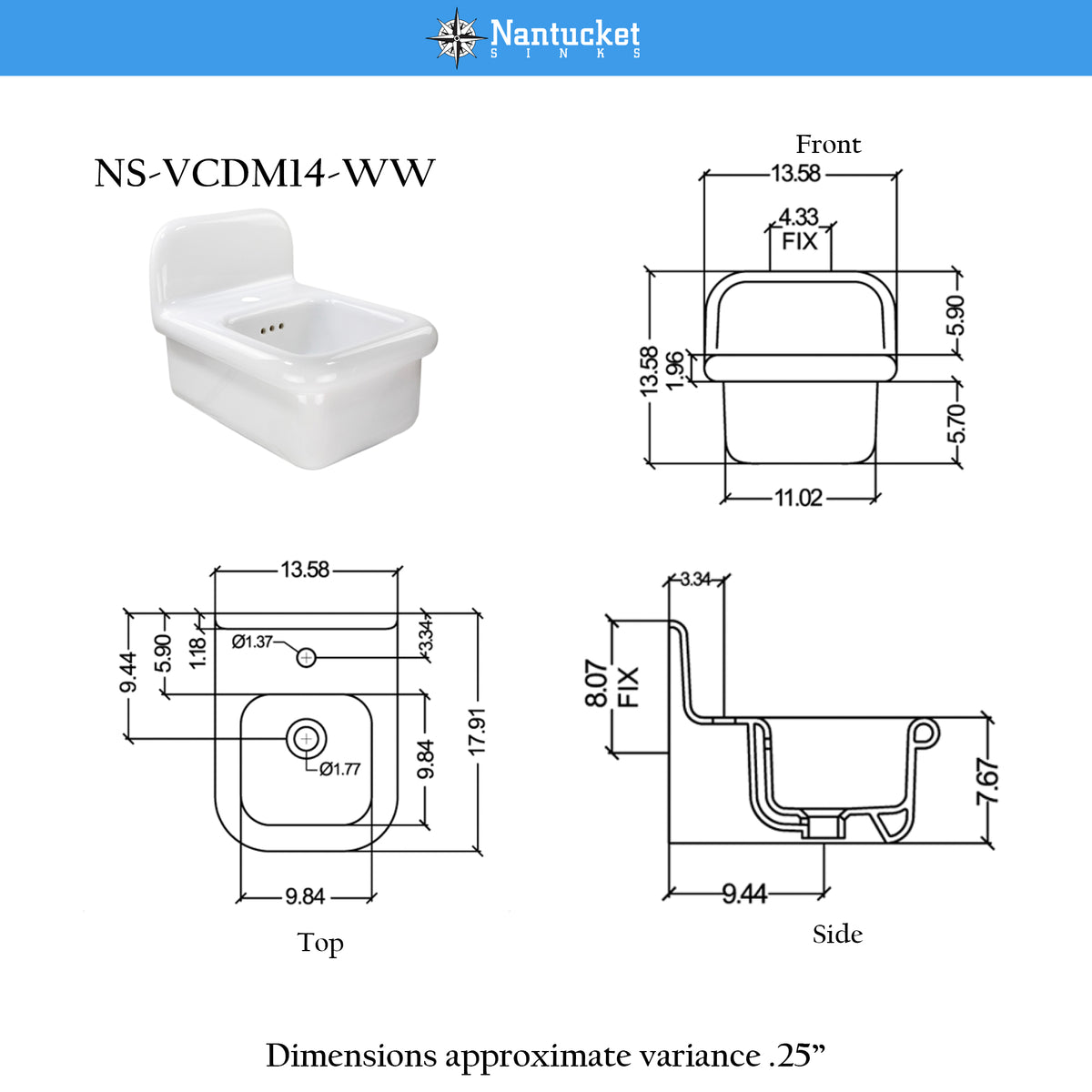 Nantucket Sinks Victorian 13.58" x 17.91" Irregular Wallmount Fireclay Bathroom Sink with Accessories, White/White, NS-VCDM14-WW