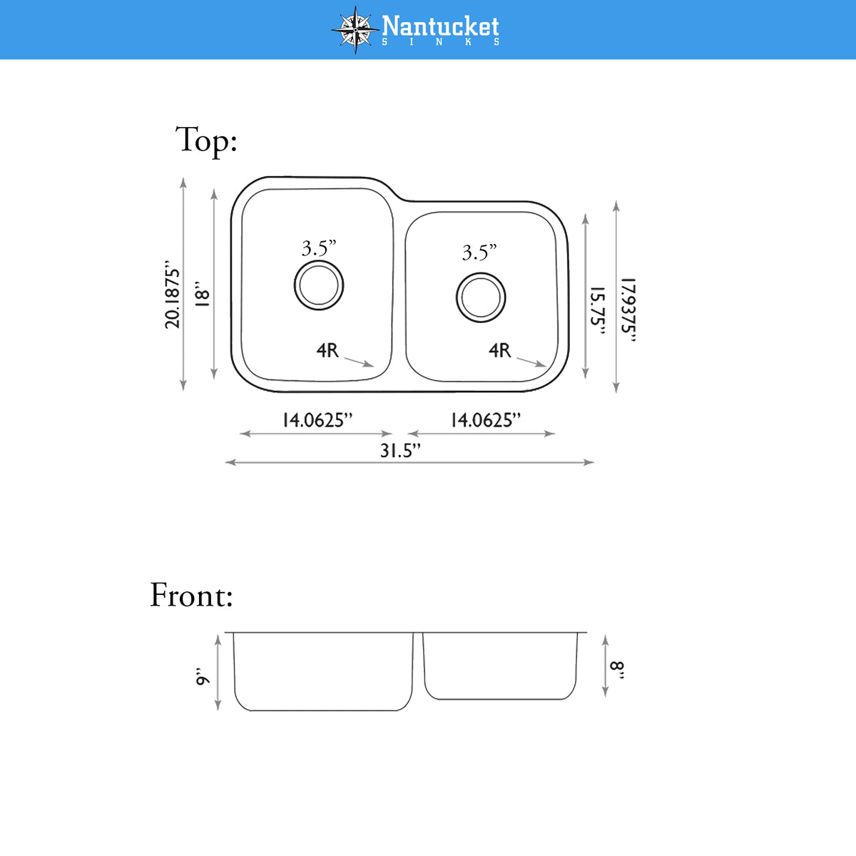 Nantucket Sinks Quidnet 32" Stainless Steel Kitchen Sink, 60/40 Double Bowl, 18 Gauge, NS6040-18