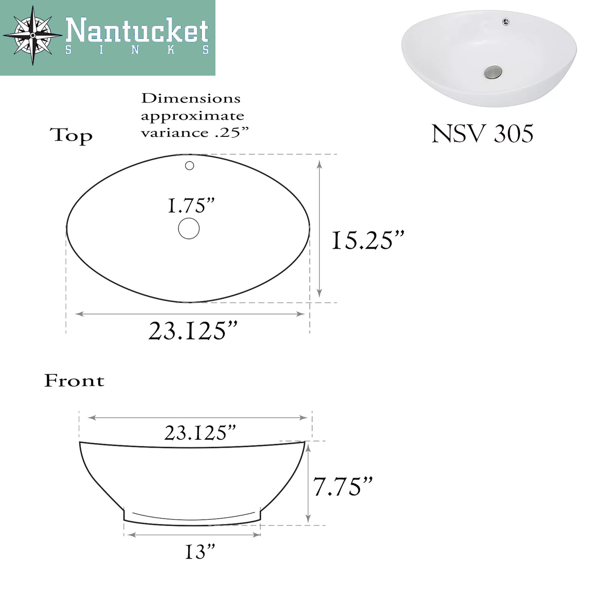 Nantucket Sinks Brant Point 23" Ceramic Bathroom Vessel Sink, White, NSV305