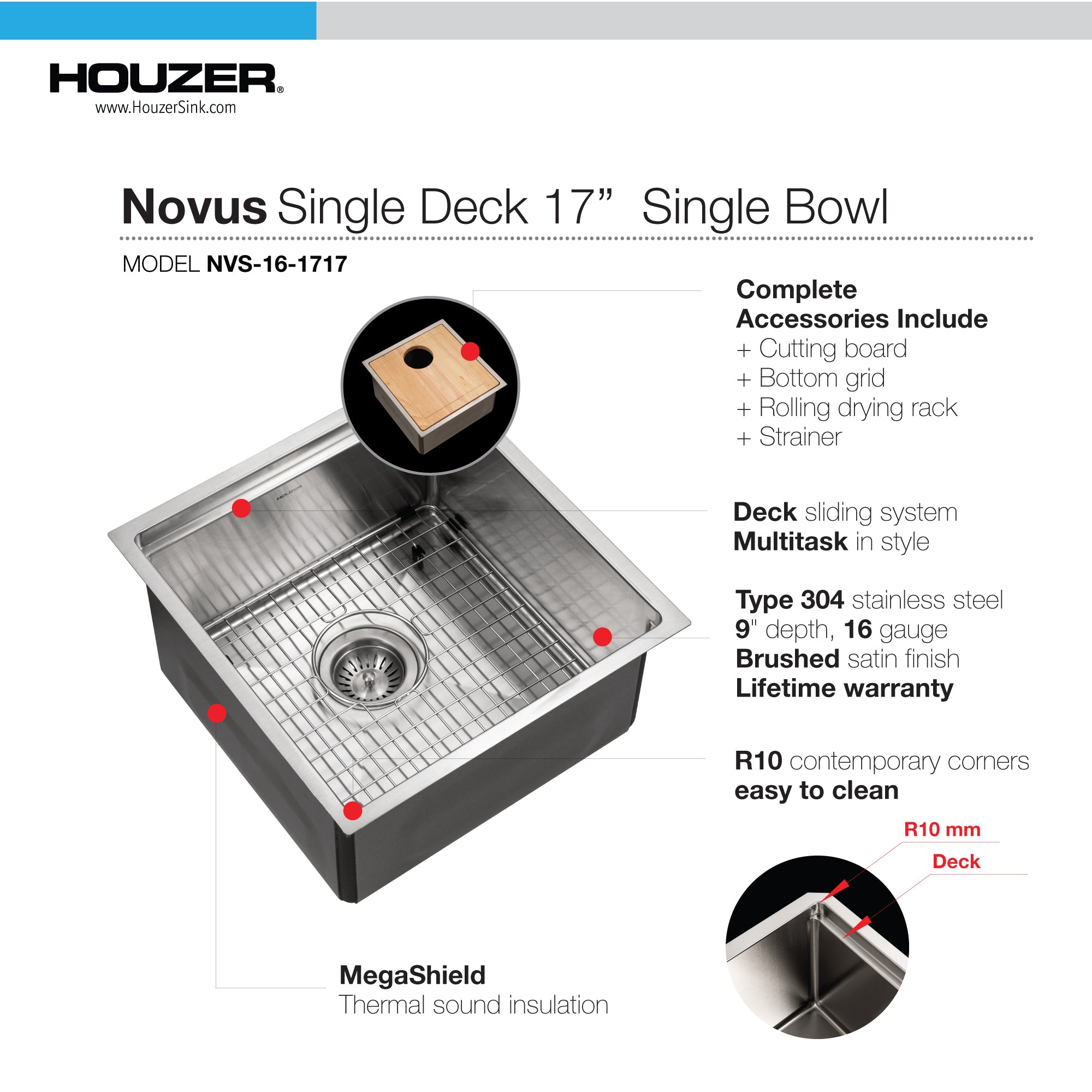 Houzer 17 inch Novus Stainless Steel Undermount Single Bowl Workstation Kitchen Sink with Sliding Platform & Accessories - 16 Gauge, NVS-16-1717