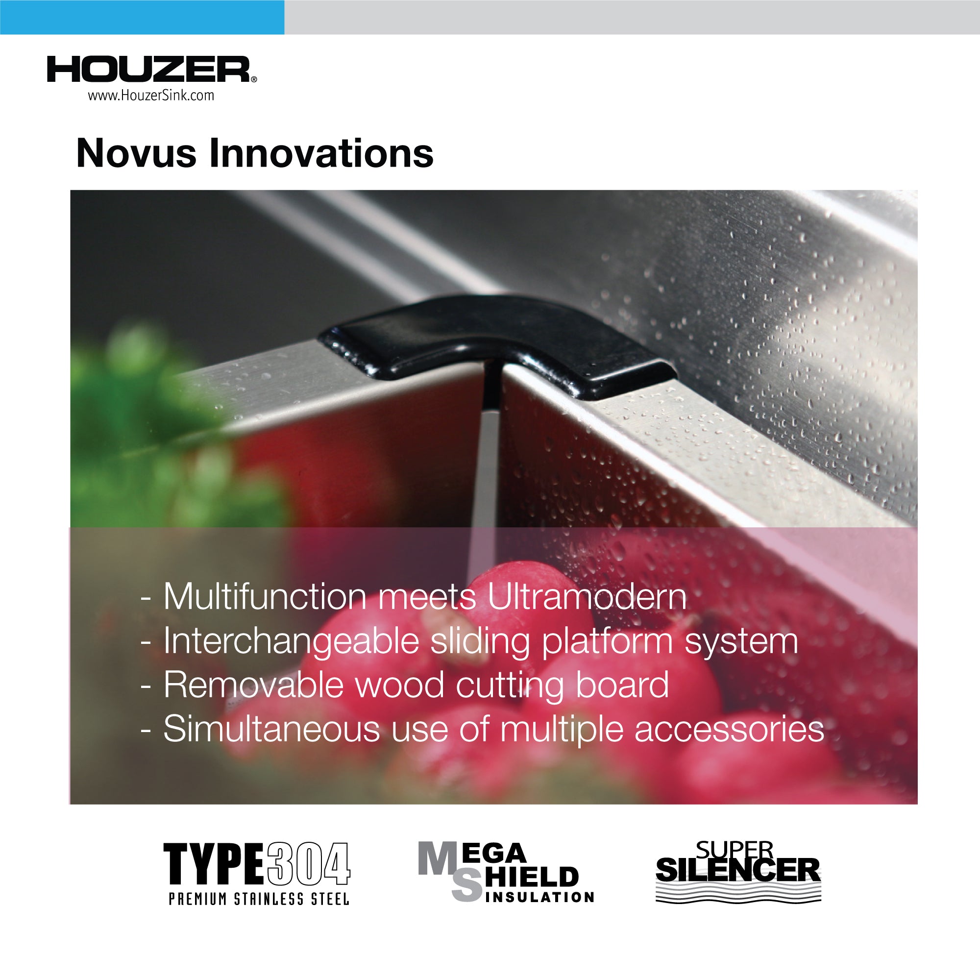 Houzer 17 inch Novus Stainless Steel Undermount Single Bowl Workstation Kitchen Sink with Sliding Platform & Accessories - 16 Gauge, NVS-16-1717