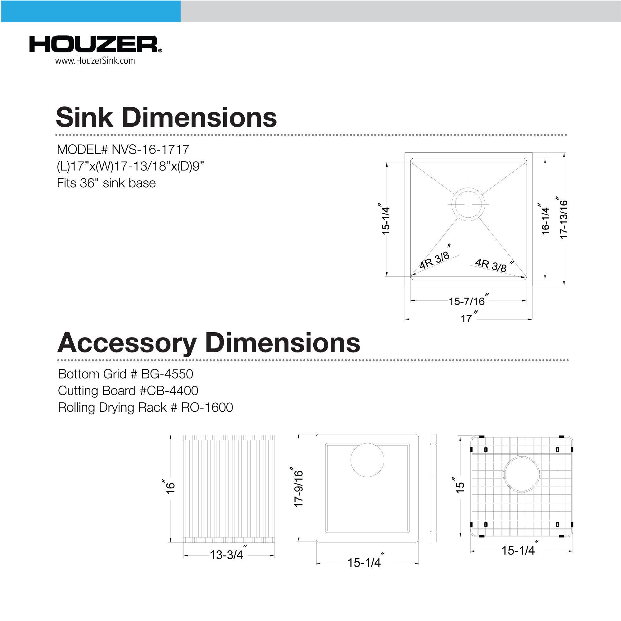 Houzer 17 inch Novus Stainless Steel Undermount Single Bowl Workstation Kitchen Sink with Sliding Platform & Accessories - 16 Gauge, NVS-16-1717