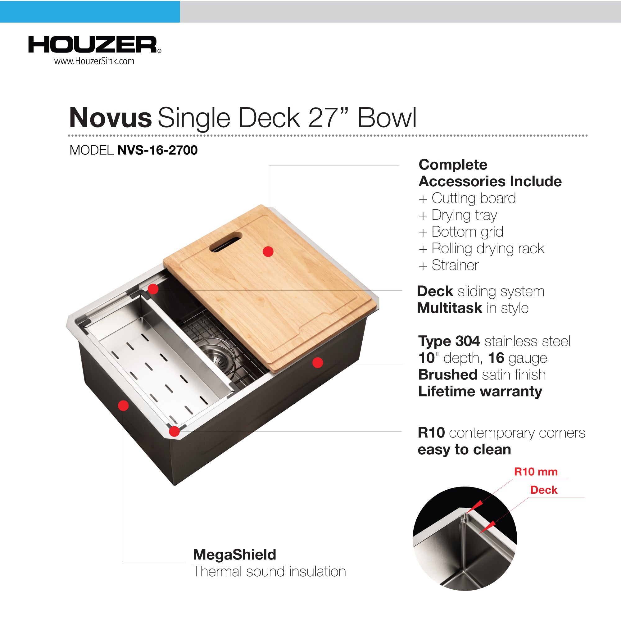Houzer 26 inch Novus Stainless Steel Undermount Single Bowl Workstation Kitchen Sink with Accessories - 16 Gauge, NVS-16-2700