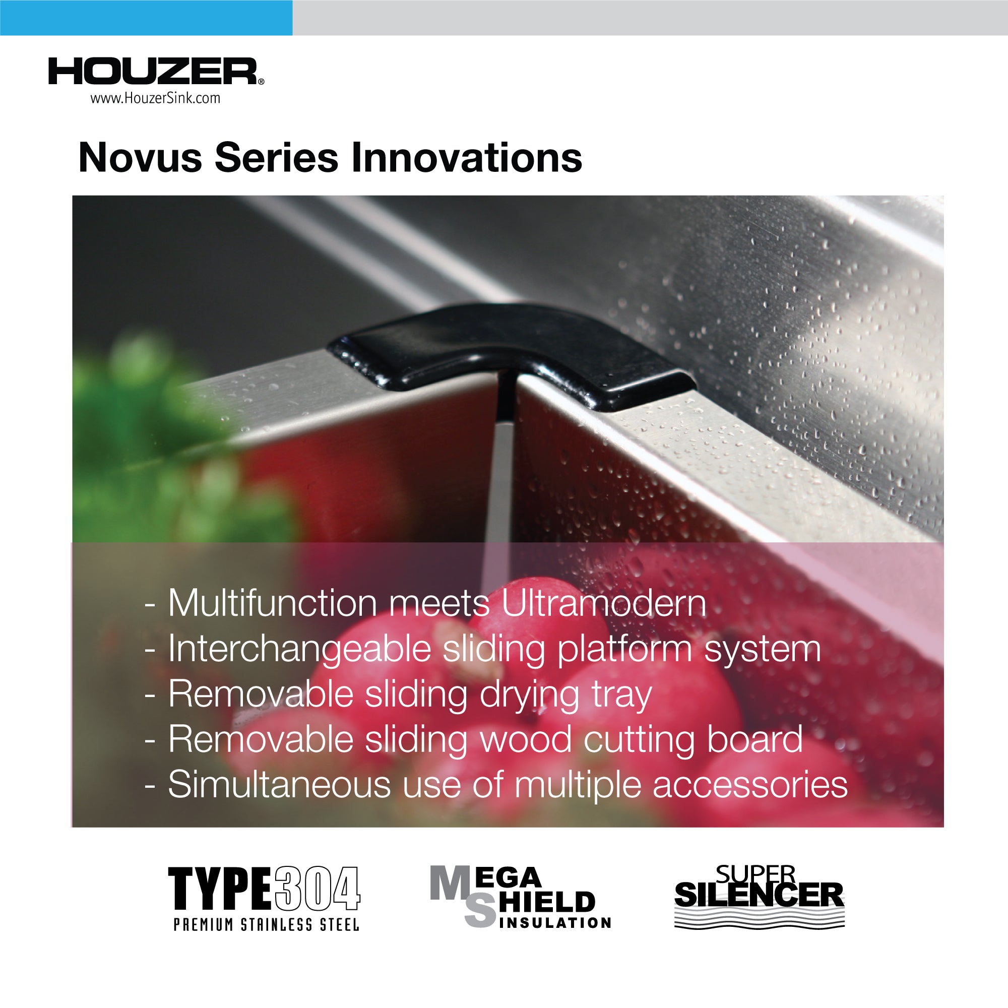 Houzer 26 inch Novus Stainless Steel Undermount Single Bowl Workstation Kitchen Sink with Accessories - 16 Gauge, NVS-16-2700