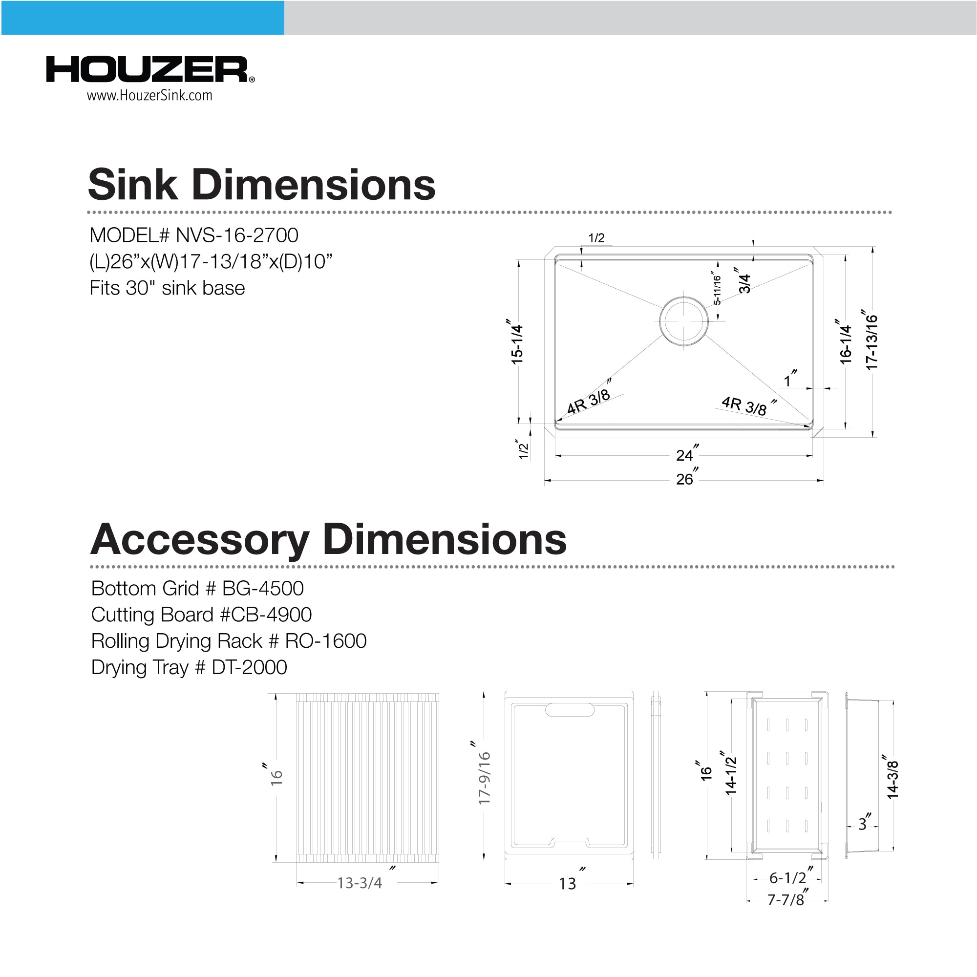 Houzer 26 inch Novus Stainless Steel Undermount Single Bowl Workstation Kitchen Sink with Accessories - 16 Gauge, NVS-16-2700