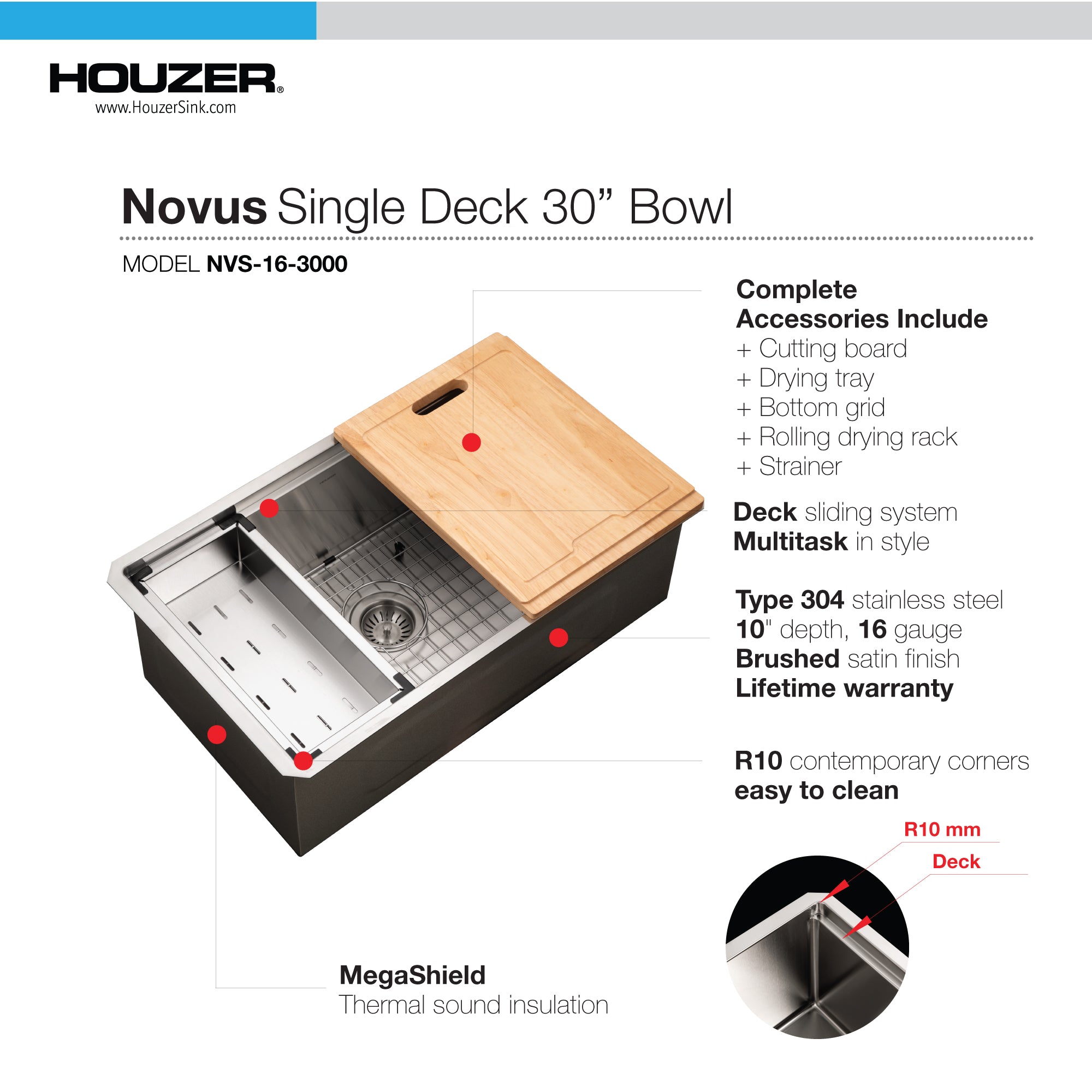 Houzer 30 inch Novus Stainless Steel Undermount Single Bowl Workstation Kitchen Sink with Accessories - NVS-16-3600, 16 Gauge, NVS-16-3000