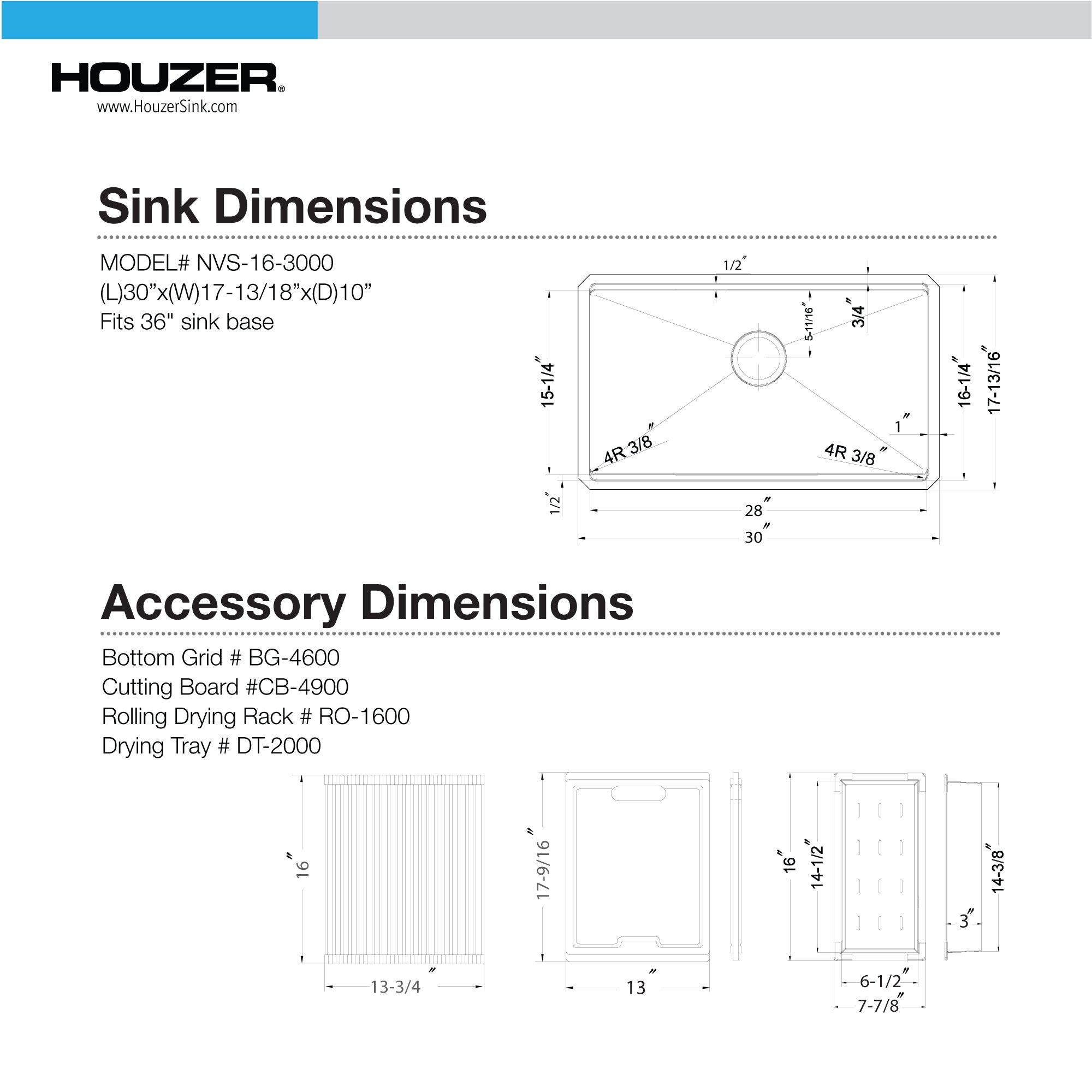 Houzer 30 inch Novus Stainless Steel Undermount Single Bowl Workstation Kitchen Sink with Accessories - NVS-16-3600, 16 Gauge, NVS-16-3000