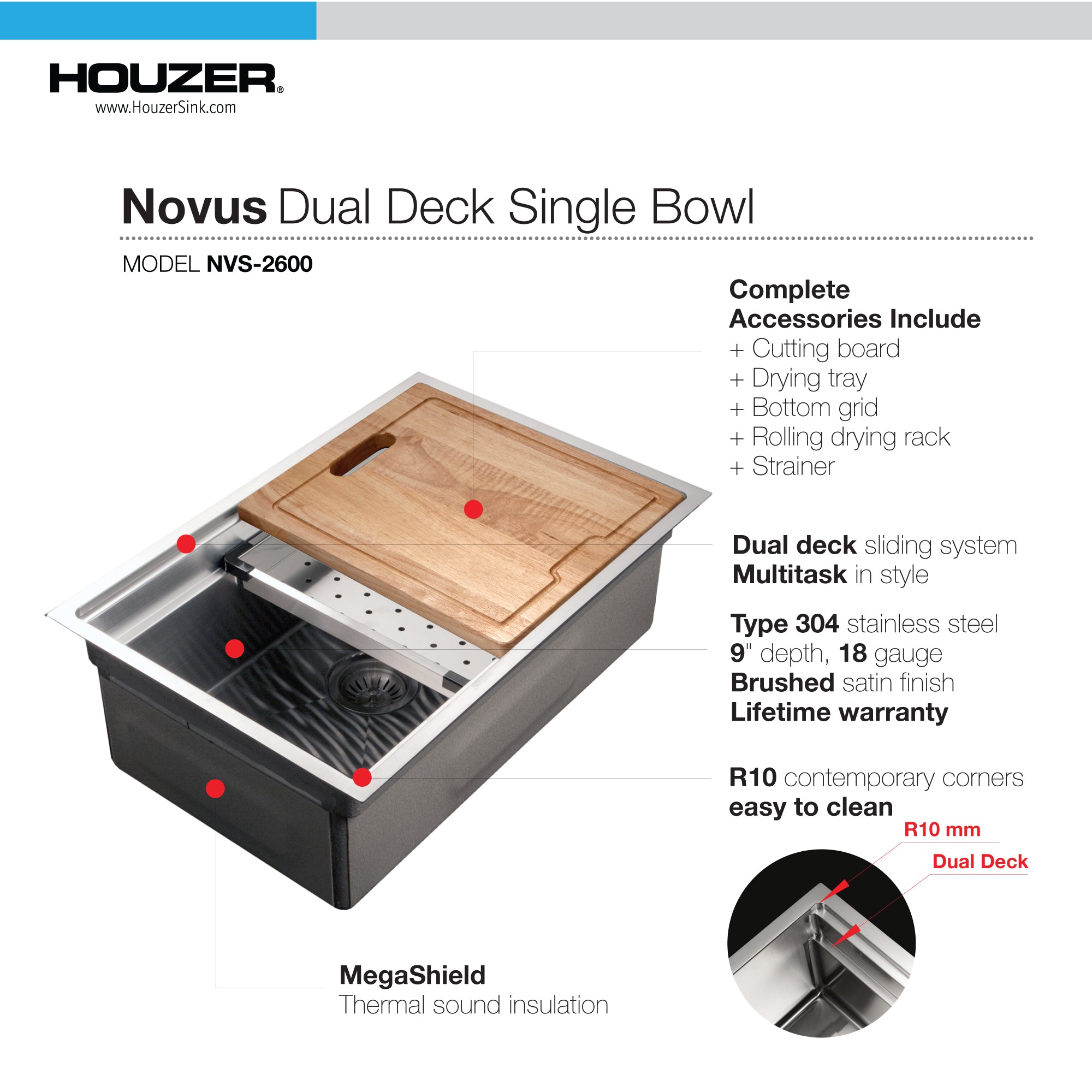 Houzer Novus 26" Stainless Steel Workstation Kitchen Sink, 18 Gauge, NVS-2600