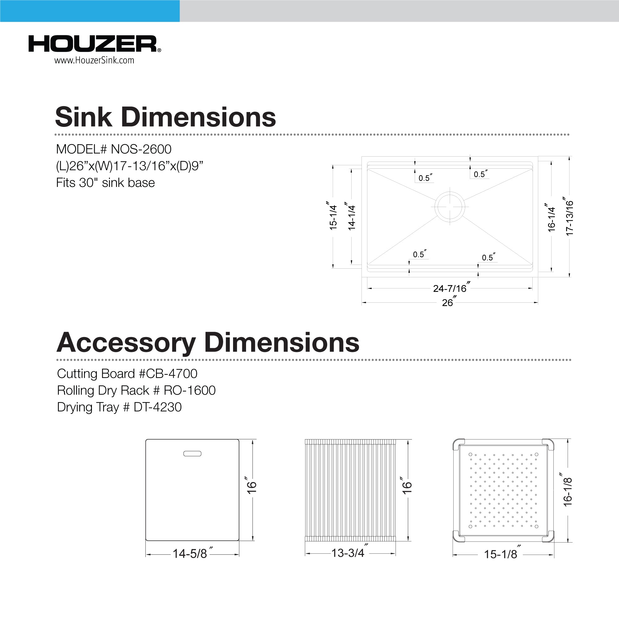 Houzer Novus 26" Stainless Steel Workstation Kitchen Sink, 18 Gauge, NVS-2600