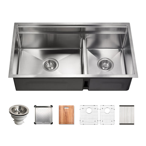 Houzer 32 inch Novus Stainless Steel Undermount Dual Platform 60/40 Double Bowl Workstation Kitchen Sink with Accessories - 18 Gauge, NVS-3218D