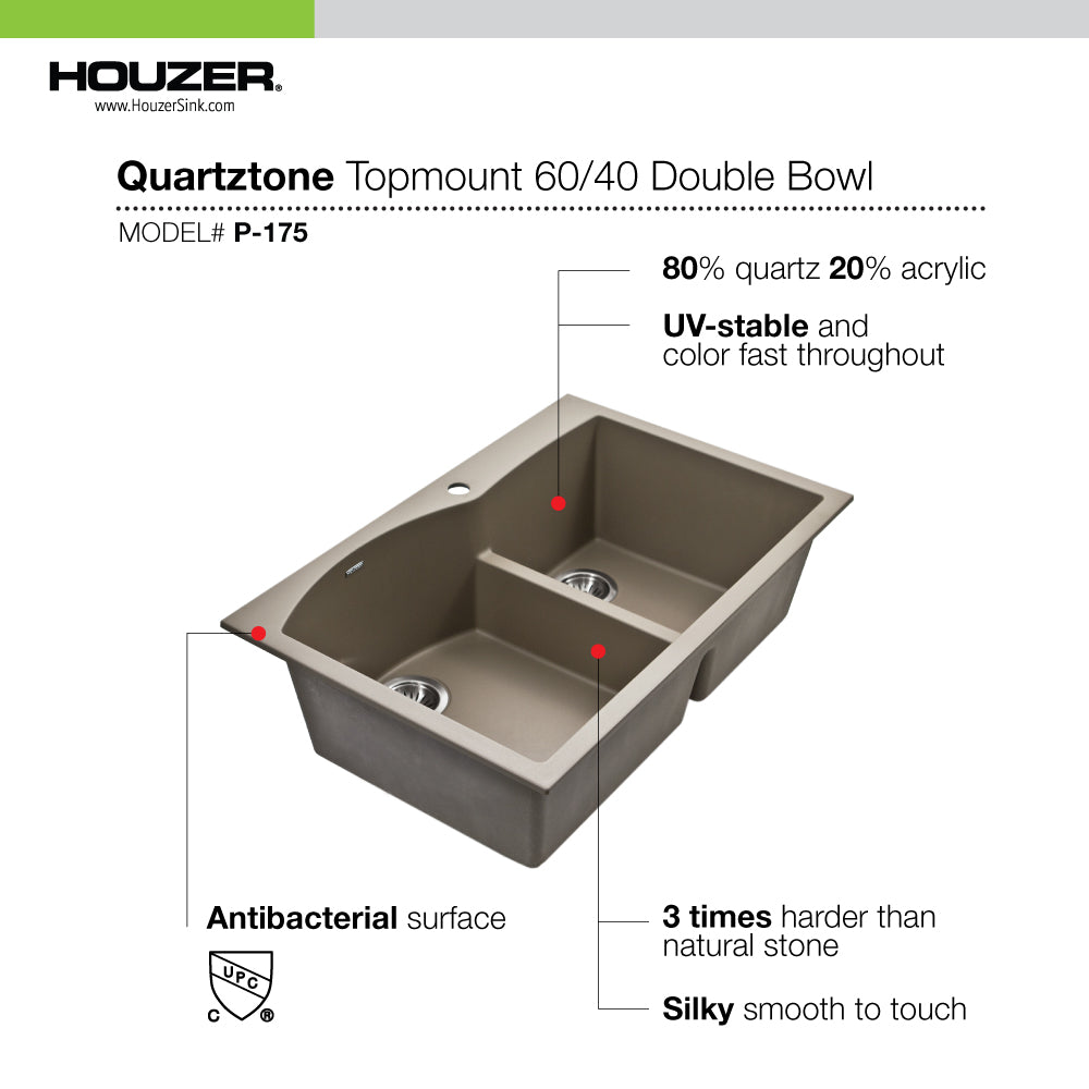 Houzer Quartztone 33 inch Taupe Drop-in Topmount 60/40 Double Bowl Granite Kitchen Sink - Granite Composite, P-175 TAUPE