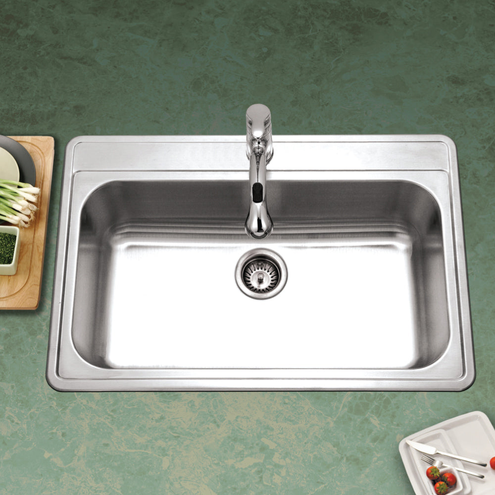 Houzer Premier 33 inch Stainless Steel Drop-in Topmount 1-hole Single Bowl Kitchen Sink with Strainer & Grid - 18 Gauge, PGS-3122-1-C