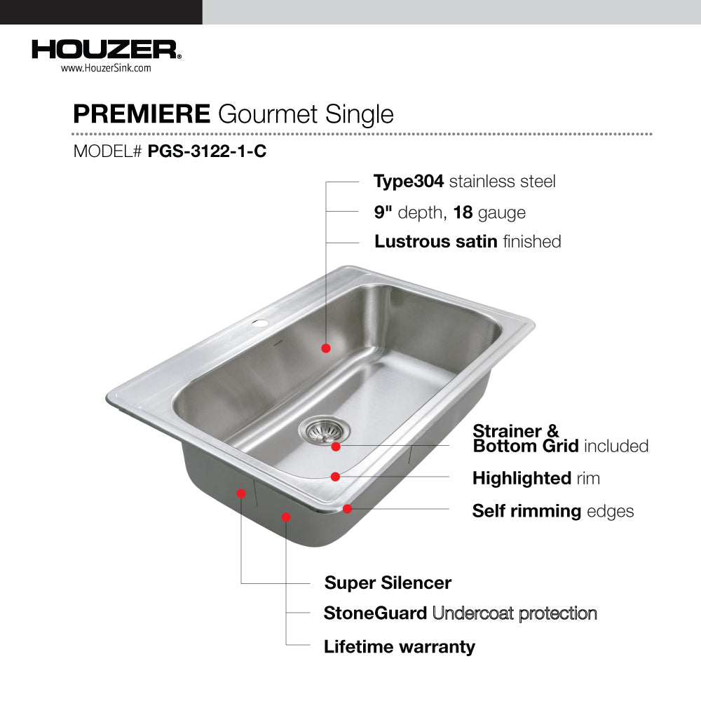 Houzer Premier 33 inch Stainless Steel Drop-in Topmount 1-hole Single Bowl Kitchen Sink with Strainer & Grid - 18 Gauge, PGS-3122-1-C