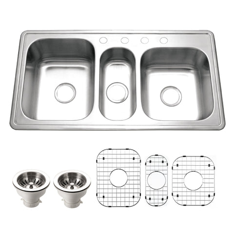 Houzer Premier 41 inch Stainless Steel Drop-in Topmount 4-hole Triple Bowl Kitchen Sink with Strainer & Grids - 18 Gauge, PGT-4322-C