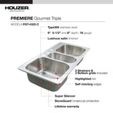 Houzer Premier 41 inch Stainless Steel Drop-in Topmount 4-hole Triple Bowl Kitchen Sink with Strainer & Grids - 18 Gauge, PGT-4322-C