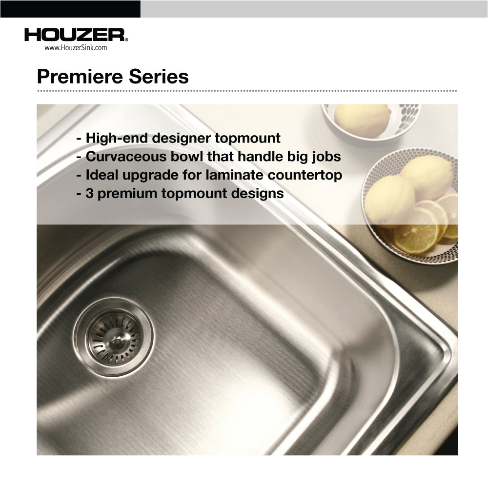Houzer Premier 41 inch Stainless Steel Drop-in Topmount 4-hole Triple Bowl Kitchen Sink with Strainer & Grids - 18 Gauge, PGT-4322-C